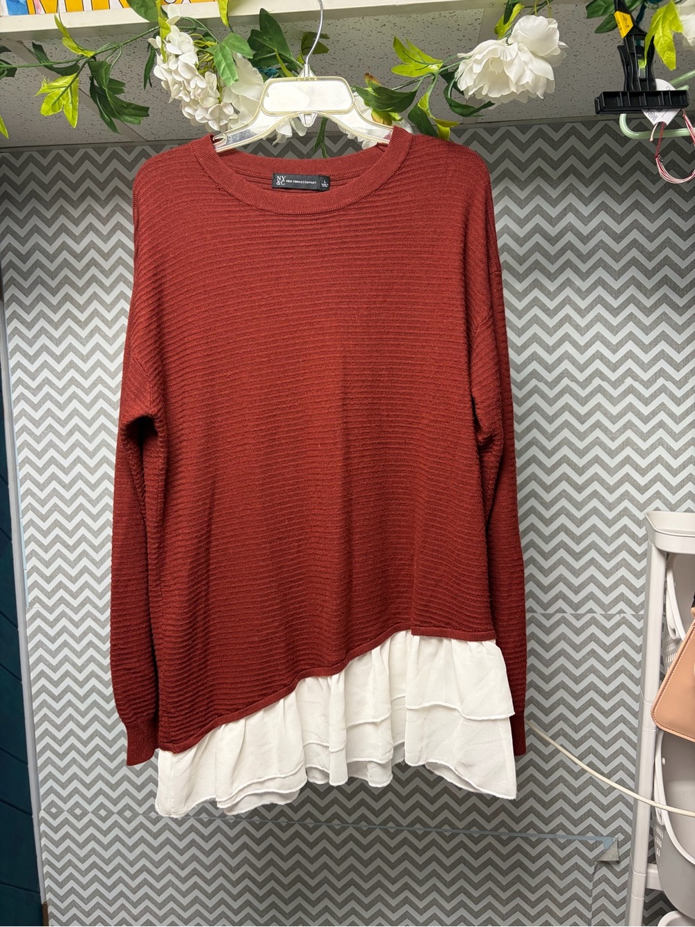 New York & Company Brick Layered Hem Sweater Top w Ruffle bottom